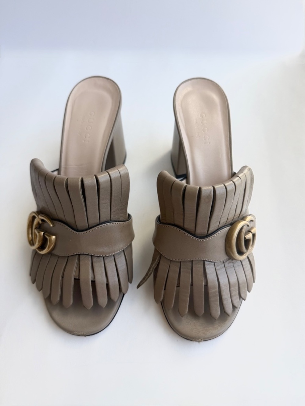 Gucci GG Marmont Fringe Mule Block Heel Beige Leather Size 6 - Picture 3 of 8
